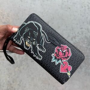 Ed Hardy Black Wallet with Panther and Rose Motif